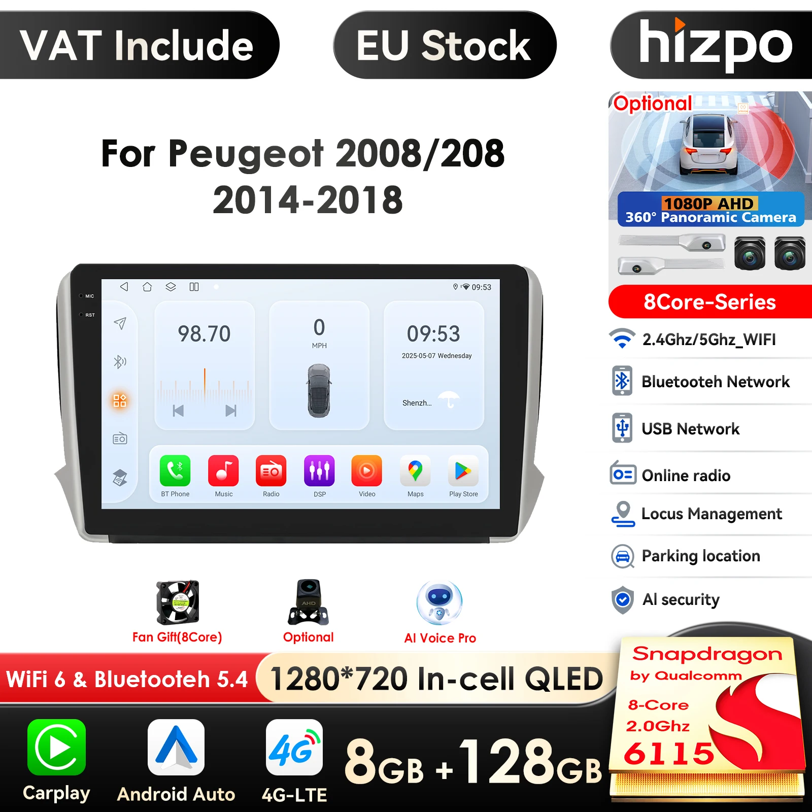 4G-LTE Carplay 10.1''Android Autoradio GPS per Peugeot 208 2008 Serie 2012-2018 Multimedia RDS 2din Autoradio Stereo Video WIFI AI Sistemi intelligenti Snapdragon di Qualcomm 8-Core 2.0Ghz 6115 QLED