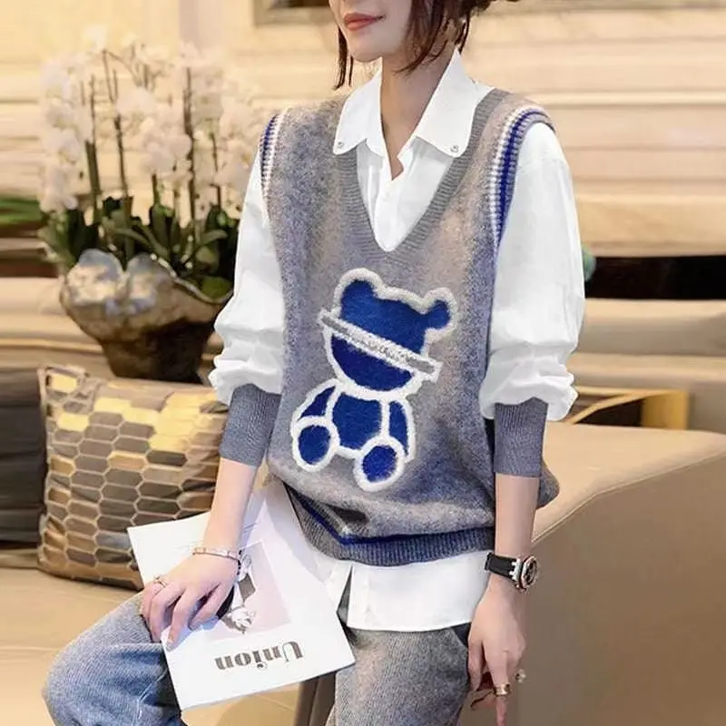 Casual Little Bear Bow V-Neck Sweater Vest Stylish Polo-Neck Chiffon All-match Patchwork Autumn Winter Korean Knitted Jumpers