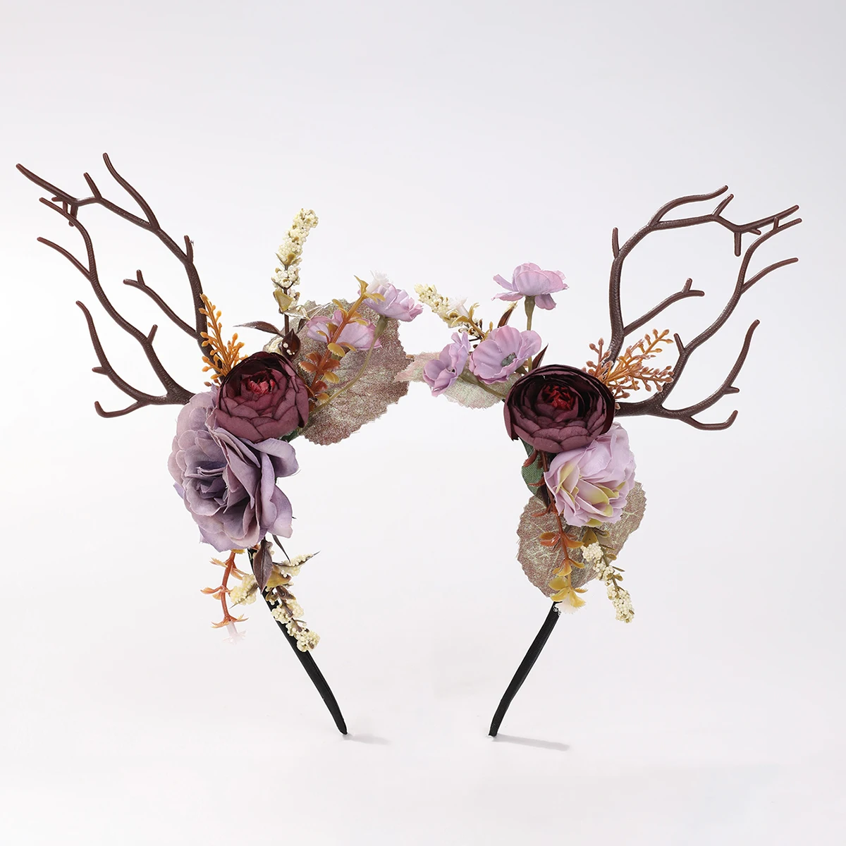 Vintage Haarband mit Hirschgeweih und Blumen im Wald-Stil – Realistisches lila Rosenzweig-Stirnband – Halloween- und Weihnachts-Cosplay-Fotorequisite – Detail 3