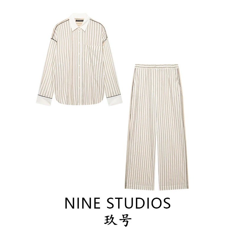 Loose Striped Shirt Top And Casual Pants Set Women's Fashion Ensemble Autumn Spring Summer Long Sleeve Turn-down Collar