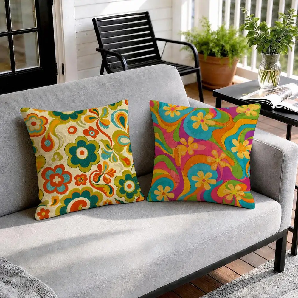 Groovy Retro Flowers Cushion Cover Natural Linen Organic Fabric Double-Sided Printing Sofa Home Decor Gift Pillow Cover