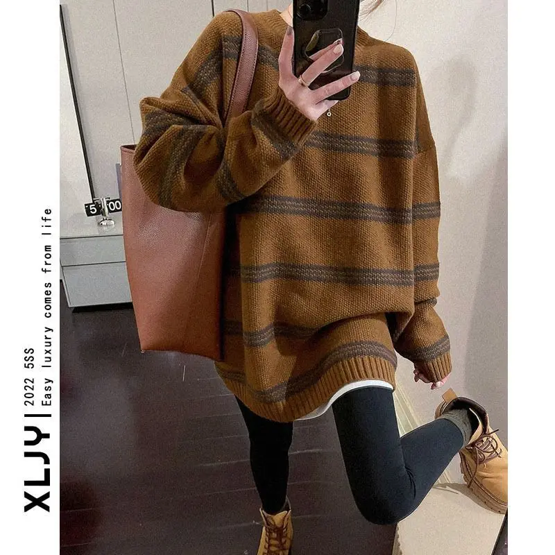 Medium to Long Striped Woolen Dress for Women Bottom Knit Sweater to Cover Buttocks