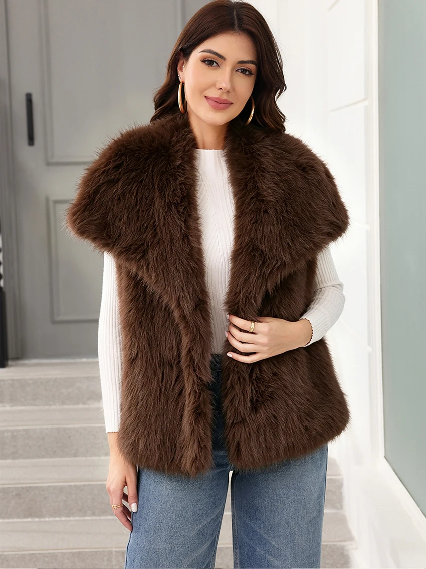 Winter Women's Fluffy Fur Vest Top Warm Turn Down Collar Faux Fur Waistcoat New Outerwear 2026 Elegant Lady Sleeveless Jacket