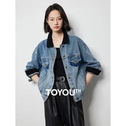 TOYOUTH Women Denim Jacket 2024 Autumn New Contrasting Color Washed Boyfriend Streetwear Outwear Jacket