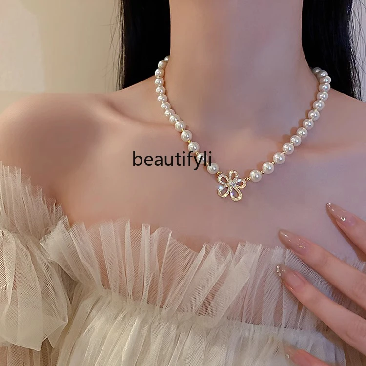 Light luxury rhinestone flower pearl necklace women's high sense collarbone chain accessories neck chain