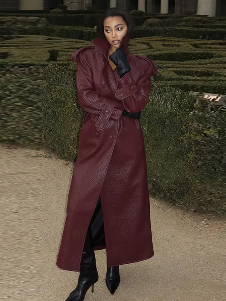

Fashion Retro Leather Women's Coats Casual Loose Turndown Collar Long Coats with Belt Women New Elegant Windproof Overcoat