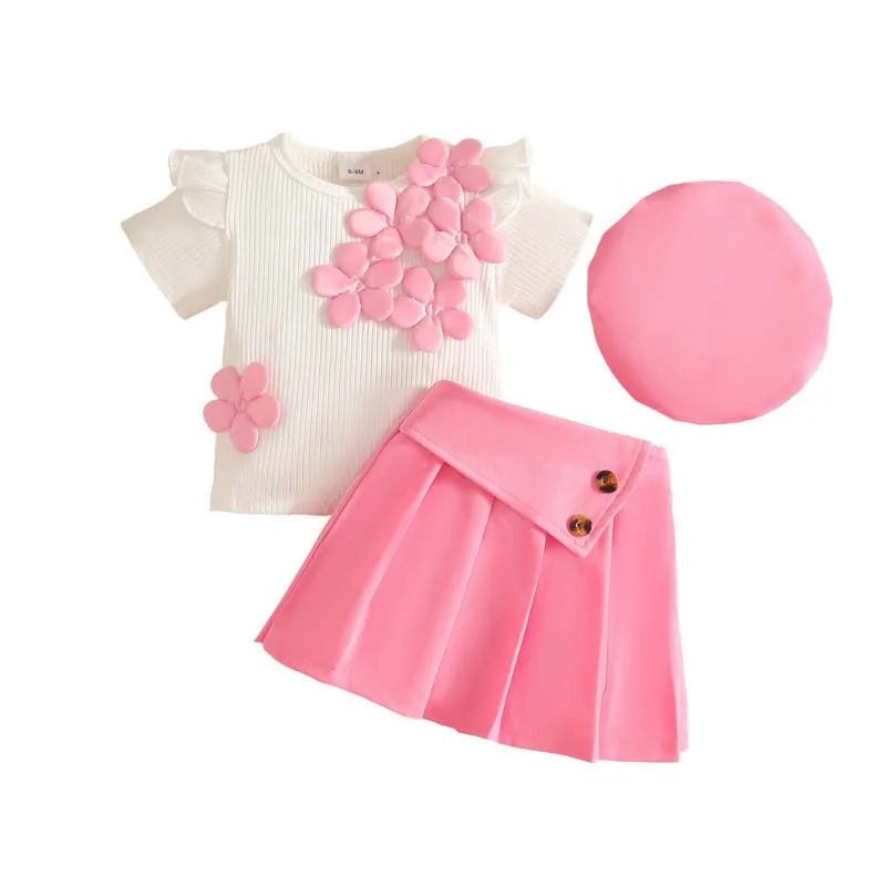 Toddler Baby Girl Summer 3Pcs Outfit Set Floral Ruffle Short Sleeve Ribbed Top+Pleated Skort+Hat Kids Casual Clothes Suit 1-3Y