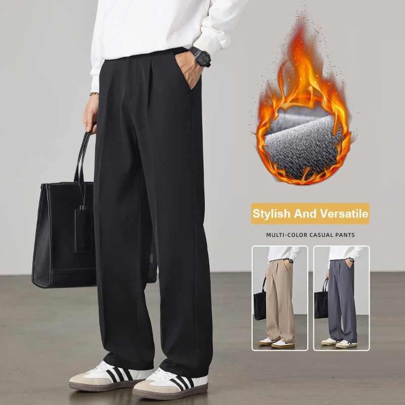 

Men Winter Fleece Pants Thickened Warm Loose Fit Straight Trouser Casual Versatile Office Comfortable Daily Wear Multiple Colors