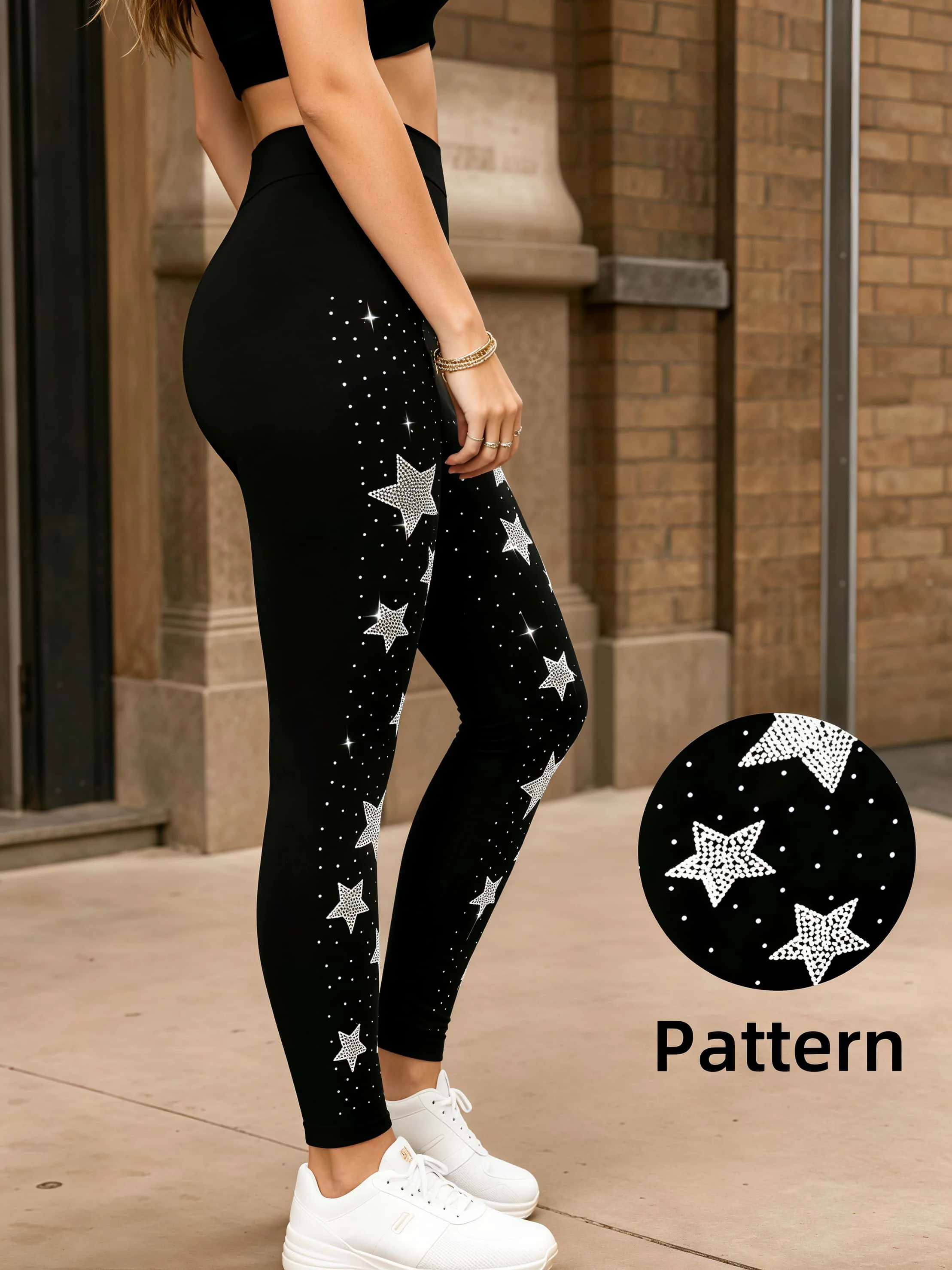 Damen High-Waist Leggings mit Strass-Sternen, Glitzernde Strass-Kompressionshose, Dehnbare Bauchkontroll-Yoga-Leggings, Modisch – Detail 2