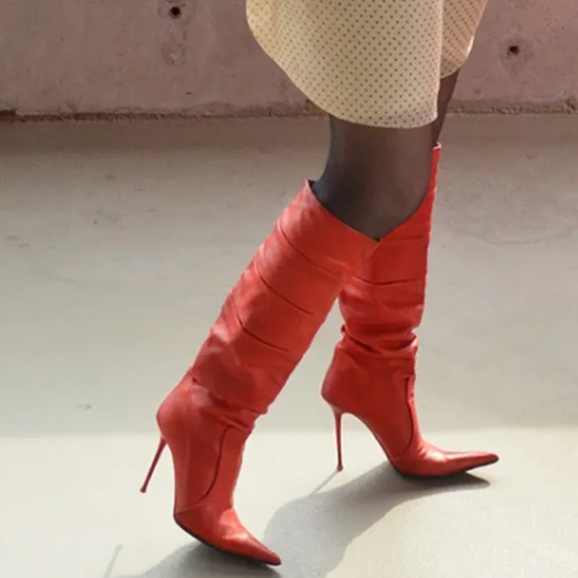 White Pointed Toe Pleated Boots Pointed Toe Solid Side Zipper British Style Stylish Spring Women Knee Boots Zapatos Para Mujere