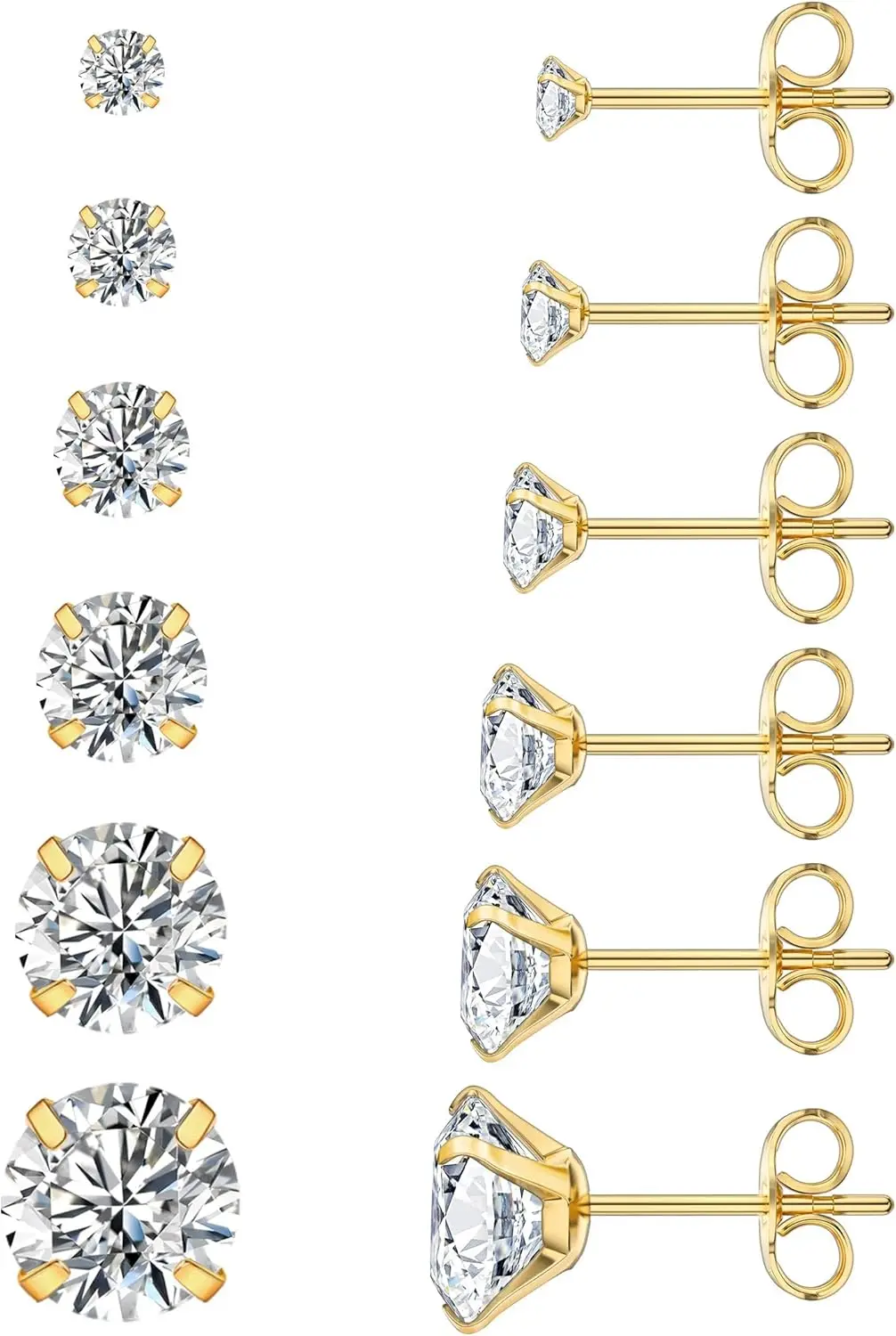 

6 Pairs Hypoallergenic Cubic Zirconia Stud Earrings Set, Stainless Steel CZ Earrings 3-8mm