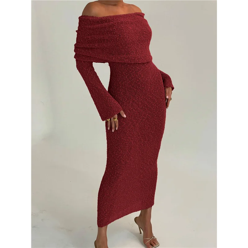 レディース オフショルダー ボディコン セータードレス フォーマル 長袖 エレガント クラブ パーティー ミディ マキシドレス