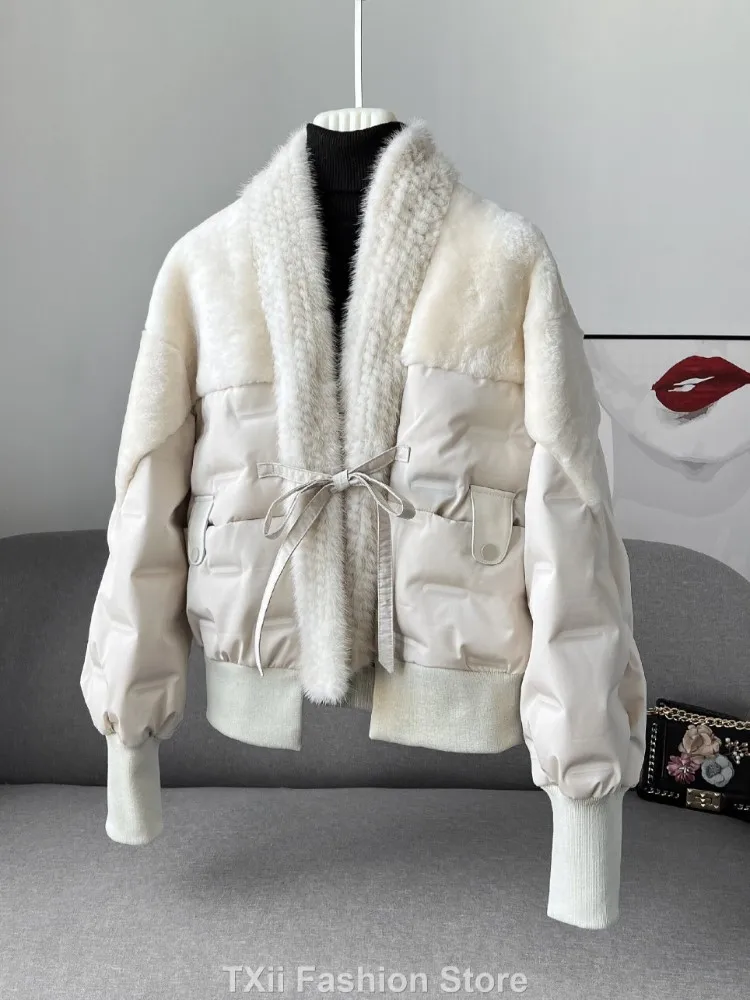 Fashion Warm White Duck Down Jacket Women Luxury Patchwork Real Mink Fur Collar Winter Outerwear Office Female Casual Short Coat