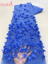 Tecido de renda com lantejoulas para vestido de casamento, malha francesa, bordado de flores 3D, moda africana e nigeriana