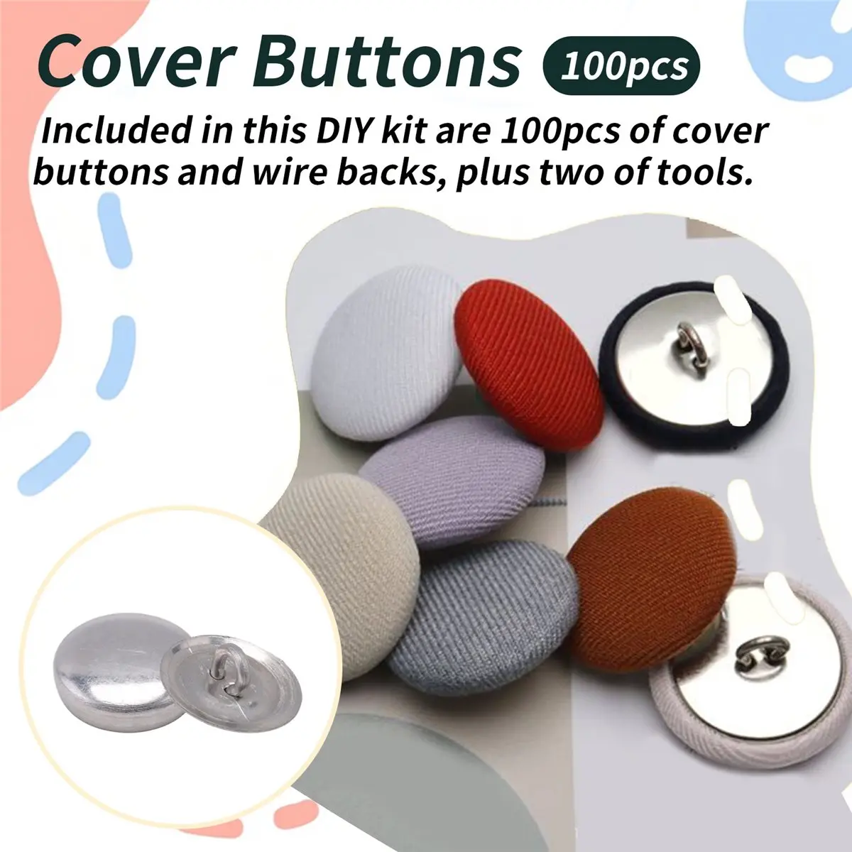 A77K 100 Sets Cover Buttons Kit with Tools Size Buttons to Cover Self Cover Buttons DIY Fabric Cloth Cover Buttons 0.59 Inch
