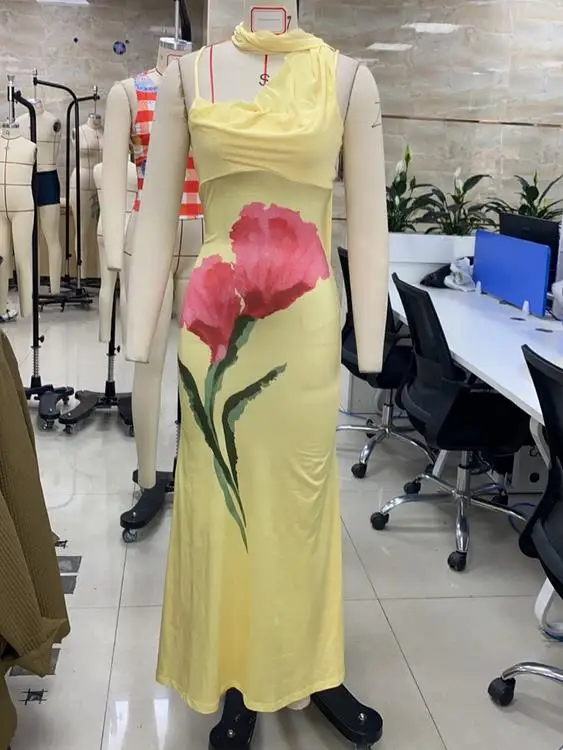 GuliriFei Abito lungo estivo da donna con stampa floreale, senza maniche, con cinturino per spaghetti, abito a coda di pesce sottile