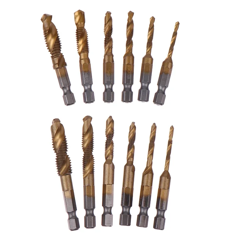 6 ชิ้น Compound เมตริก Tap เจาะ Bits สกรูเกลียว Hex Shank เครื่องไทเทเนียม HSS Tap Bit เครื่องมือสําหรับโลหะเหล็กไม้พลาสติก