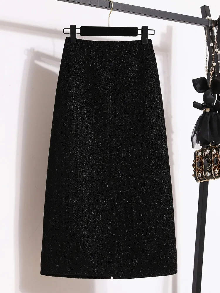 

Bla iny Sequin Mid-Length A-Line Skirt High Waist Commute Korean Sle Casual Thiened Pear ape Slimming Split Skirt