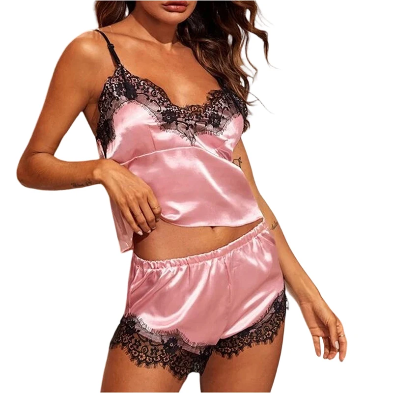 

Women Summer Fashion V-Neck Stretch Satin Lace Sexy Lingerie Casual Sleeveless Sexy Pajama Set Lace Suspender Pajama Shorts Set