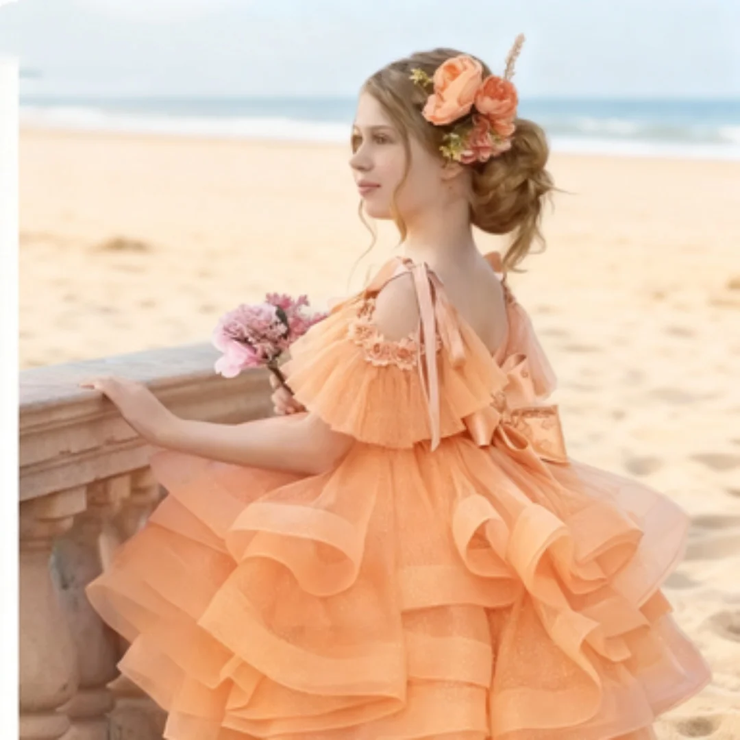 Wedding Bridesmaid and Flower Girl Dresses Lace Ruffled Knee-Length Dresses Girls' Communion Party and Performance Outfits