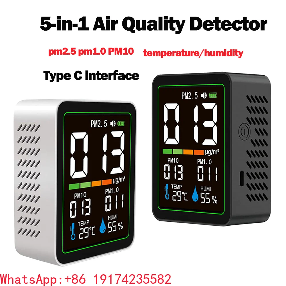 5 In 1 Multi-functional Smart Air Quality Monitor Pm2.5 Pm1.0 Pm10  Dust Tester Temperature Humidity Meter LCD Display Home