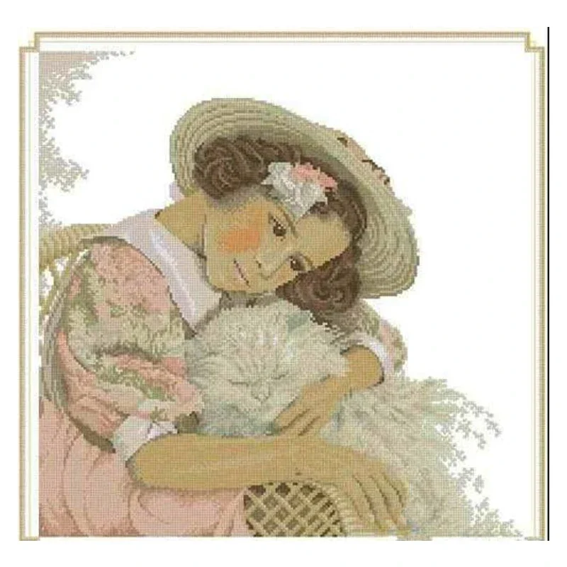 Amishop Top Quality Beautiful Cute Counted Cross Stitch Kit Dreaming Little Girl And Dog Doggy Puppy