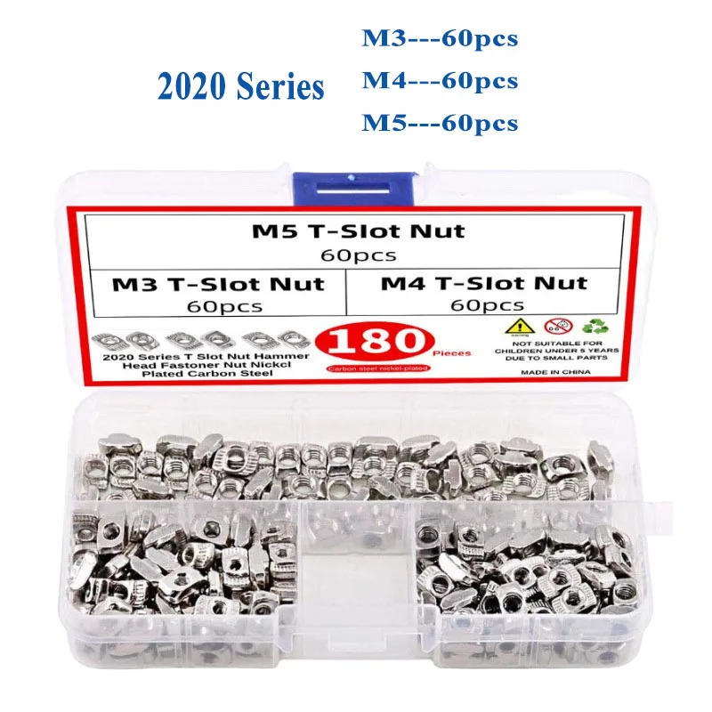 

180pcs T Nuts M3 M4 M5 T Slot Nut Hammer Head Fastener Nut Nickel Plated Carbon Steel Assortment Kit 20 Series Aluminum Profile