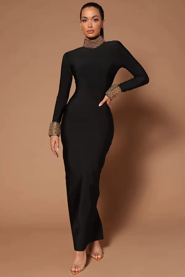 

Winter Fashion Elegant Long Sleeve Bandage Dinner Dresses For Women Beaded Backless Luxurious Maxi Evening Dresses 2024