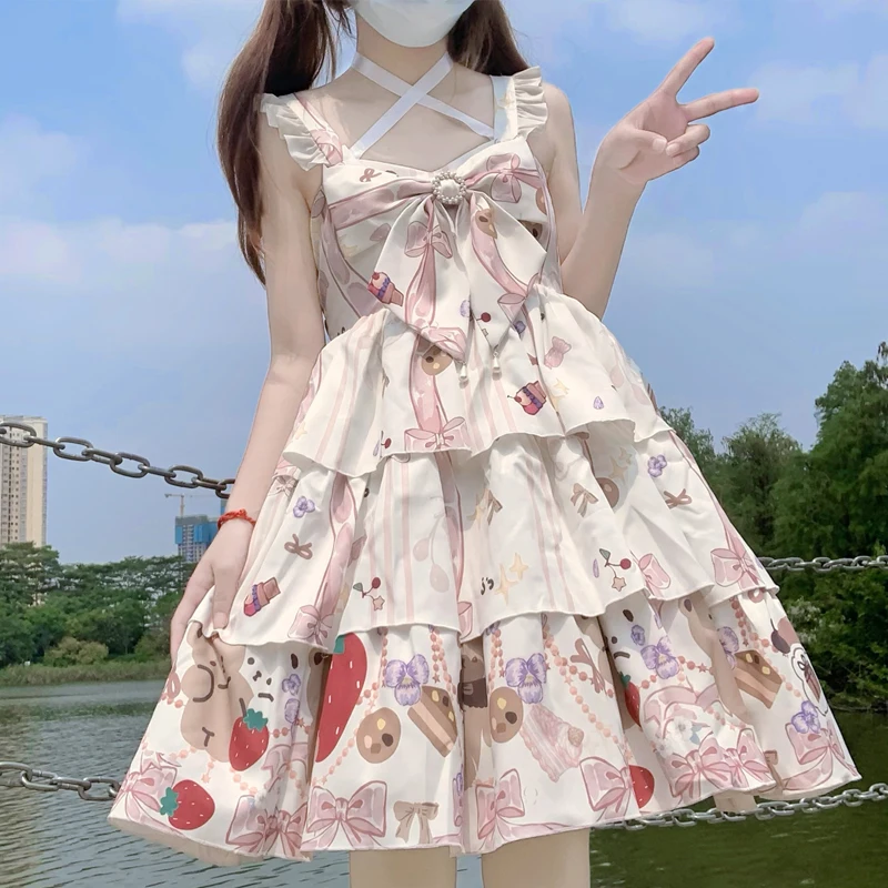 

Kawaii Lolita Fashion Jsk Suspender Vestido Anime Cute Girls Cosplay Sweet Bowknot Strawberry Dress Tea Party Vintage Lolitas