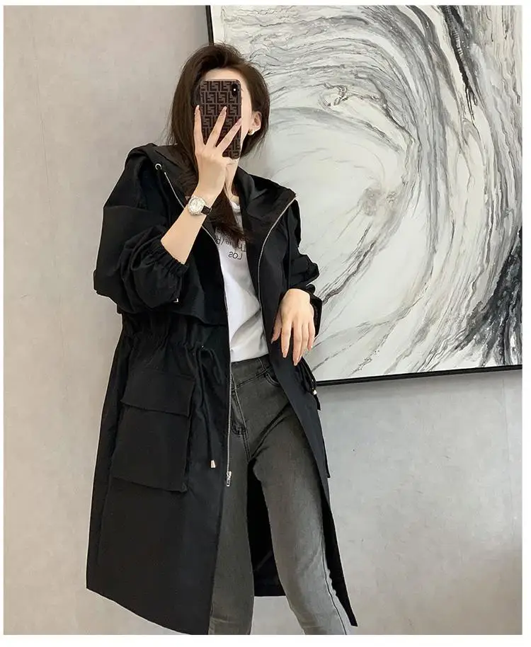 Solid Classic Hooded Long Trench Coat For Women Autumn Oversized