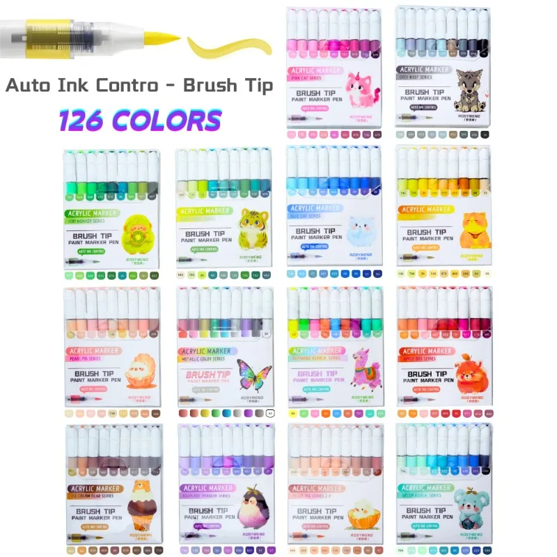 

ROSYMENG 126/9 Colors Direct Liquid Acrylic Paint Pens Brush Color Marker Pen for Painting PK LANGUO DIY Art Supplies Stationery