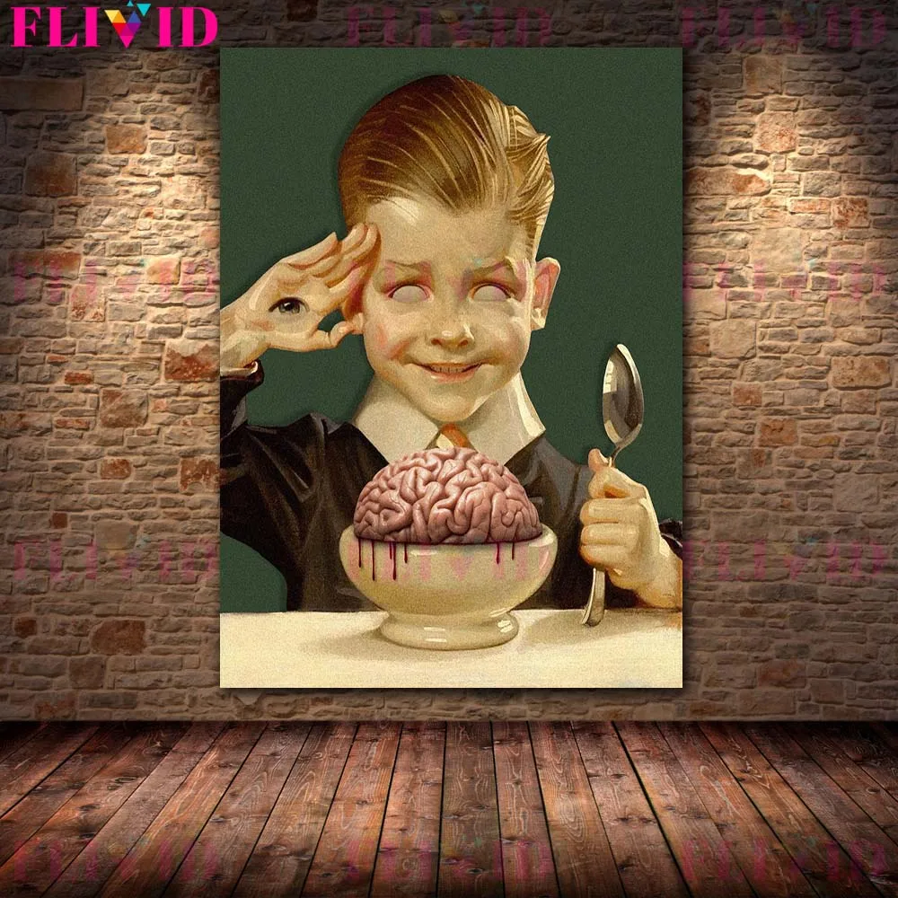 Dinner Time Of Little Demon,Vintage Wall Art Canvas Painting Delicious Brains Gothic Dark Horror Art Poster And Print Home Decor