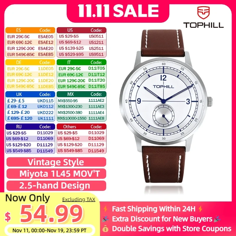

TOPHILL мужские кварцевые часы в винтажном стиле с сапфировым стеклом кожаный ремешок японский механизм повседневные деловые часы 40 мм