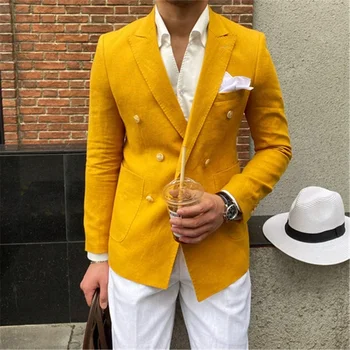 Yaz plaj keten Blazers Hombre 2024 çift göğüslü rahat erkek ceket Slim Fit uzun kollu erkek gömlek sosyal ceket Custom Made Blazer Hombre