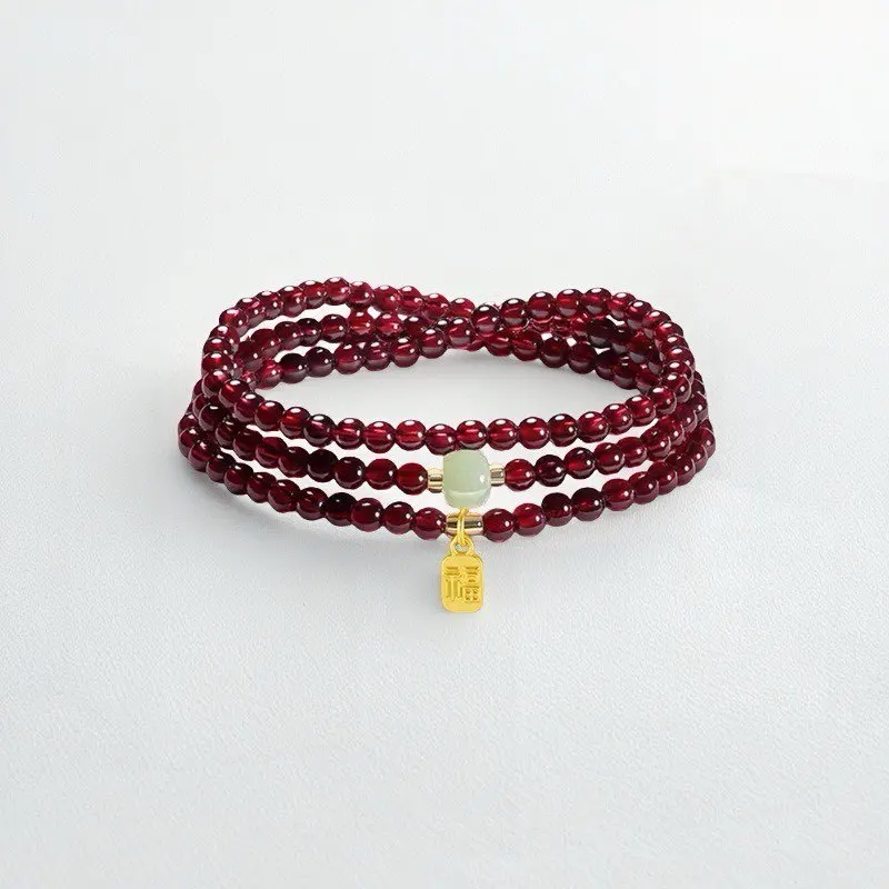 Natural Garnet Triple Wrap Bracelet Hetian Jade 2026 Year of Birth 925 Silver Fortune Tag Bracelet for Women Gifts