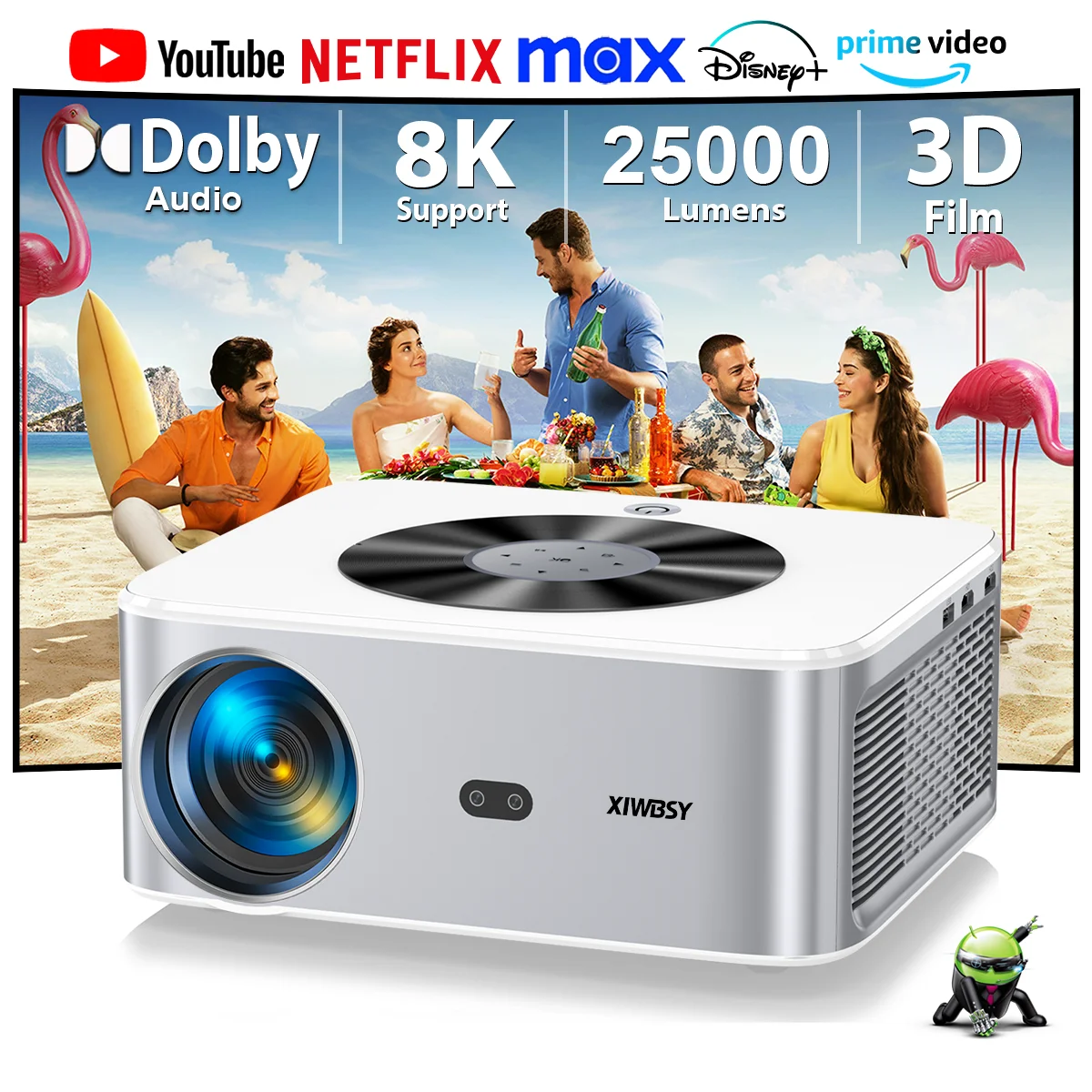 

XIWBSY Android 4k Projector 25000 Lumens WiFi6 Auto Focus/Keystone Projector 800ANSI Dolby Video Home Theater Cinema Beamer