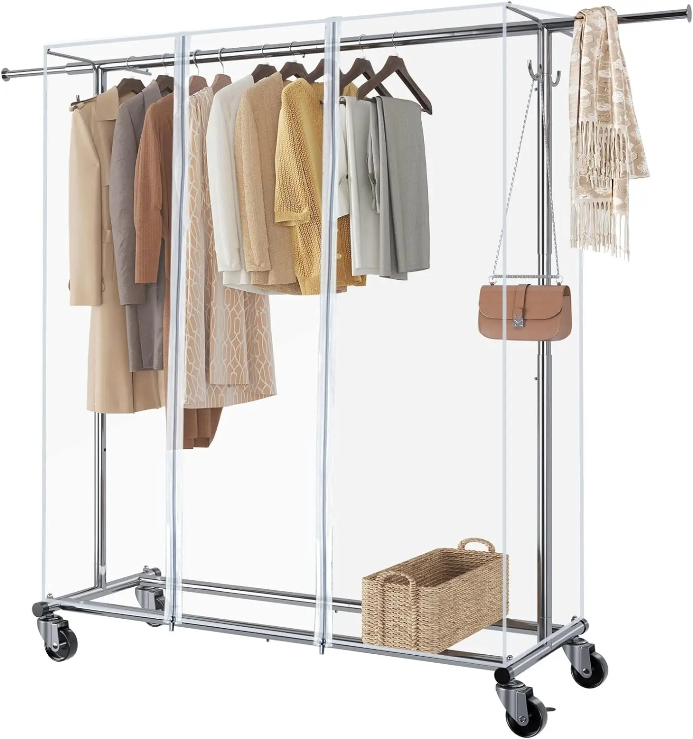 

Clothes Rack with Cover, Adjustable Garment Rack with Wheels, Heavy Duty Clothing Rack with Extendable Hanging Rail