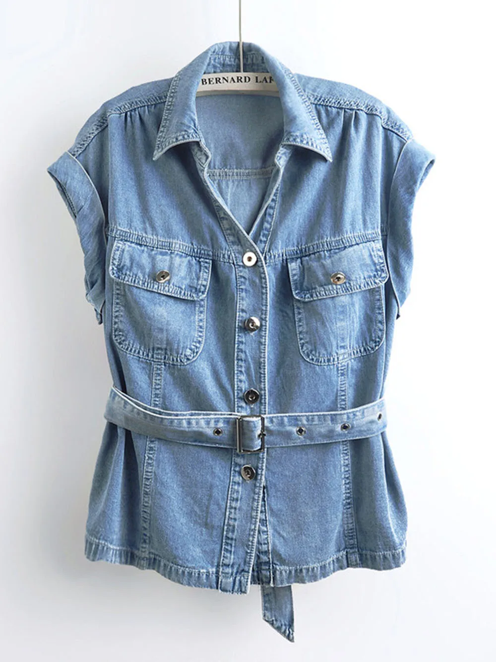 

Hot Sale V Neck Blue Thin Short Sleeve Blouse Loose Fit Tie Design Daily Casual Style Street Fashion Summer Tops For Women