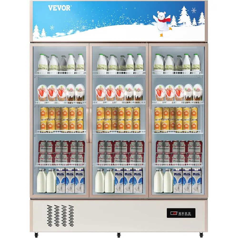 

Commercial Mercher Rerigerator Triple Glass Do, Cut, Upright Display Beverage Cooler 79" Tall x 60" Width, ridge with LED Lighti