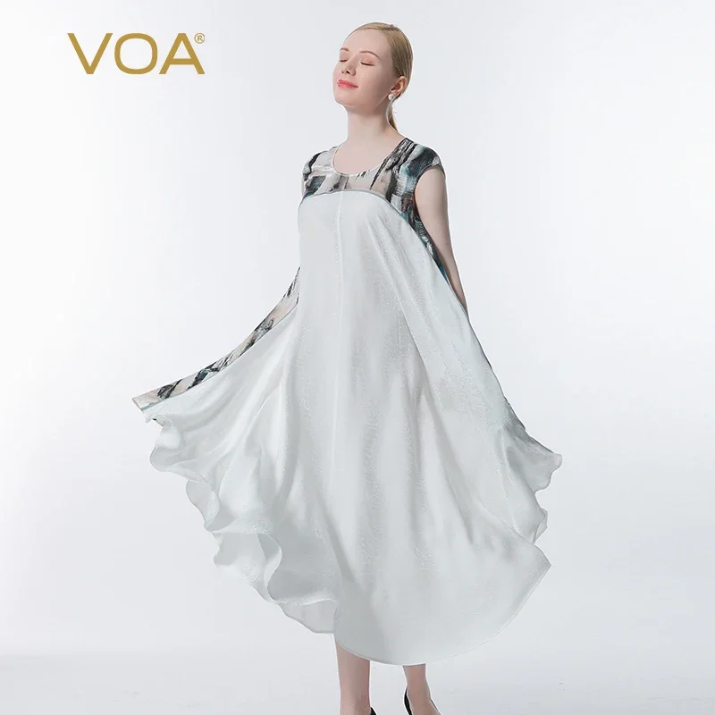 

VOA Silk Summer White O-Neck Oversized 4XL Casual Soft Dresses Short Garment Sleeves Printing Loose Women's Dress 2022 New AE962