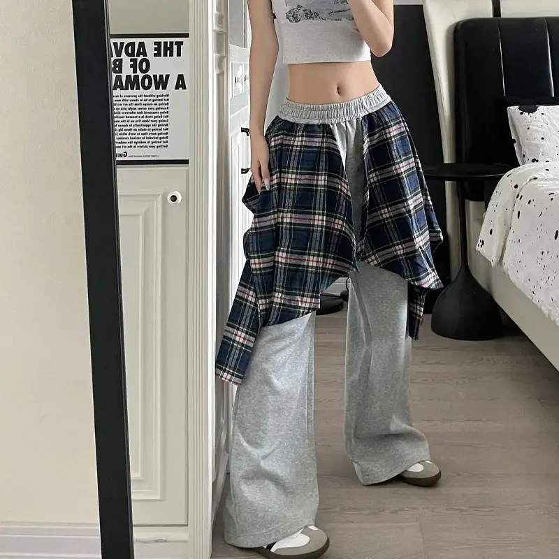 Spring Autumn American Retro Plaid Trousers Fake Two Pieces Sweatpants Women's Clothing Straight Casual Loose Patchwork Pants