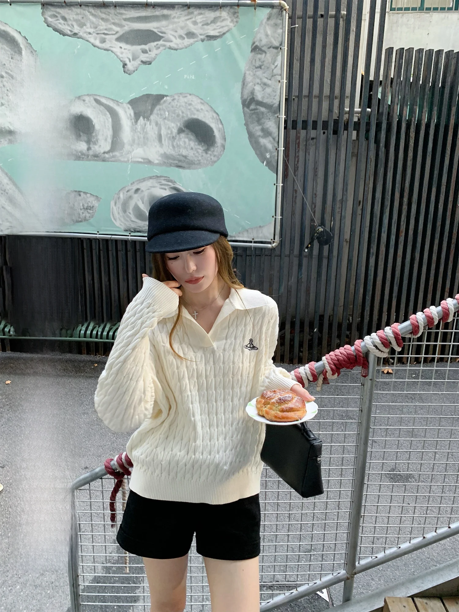 

Hhi Vivienen Girls' Embroidered f Open Collar Twist Knit Sweater Women's Slim Fit Overhead Knitted Top Faionable Commu...