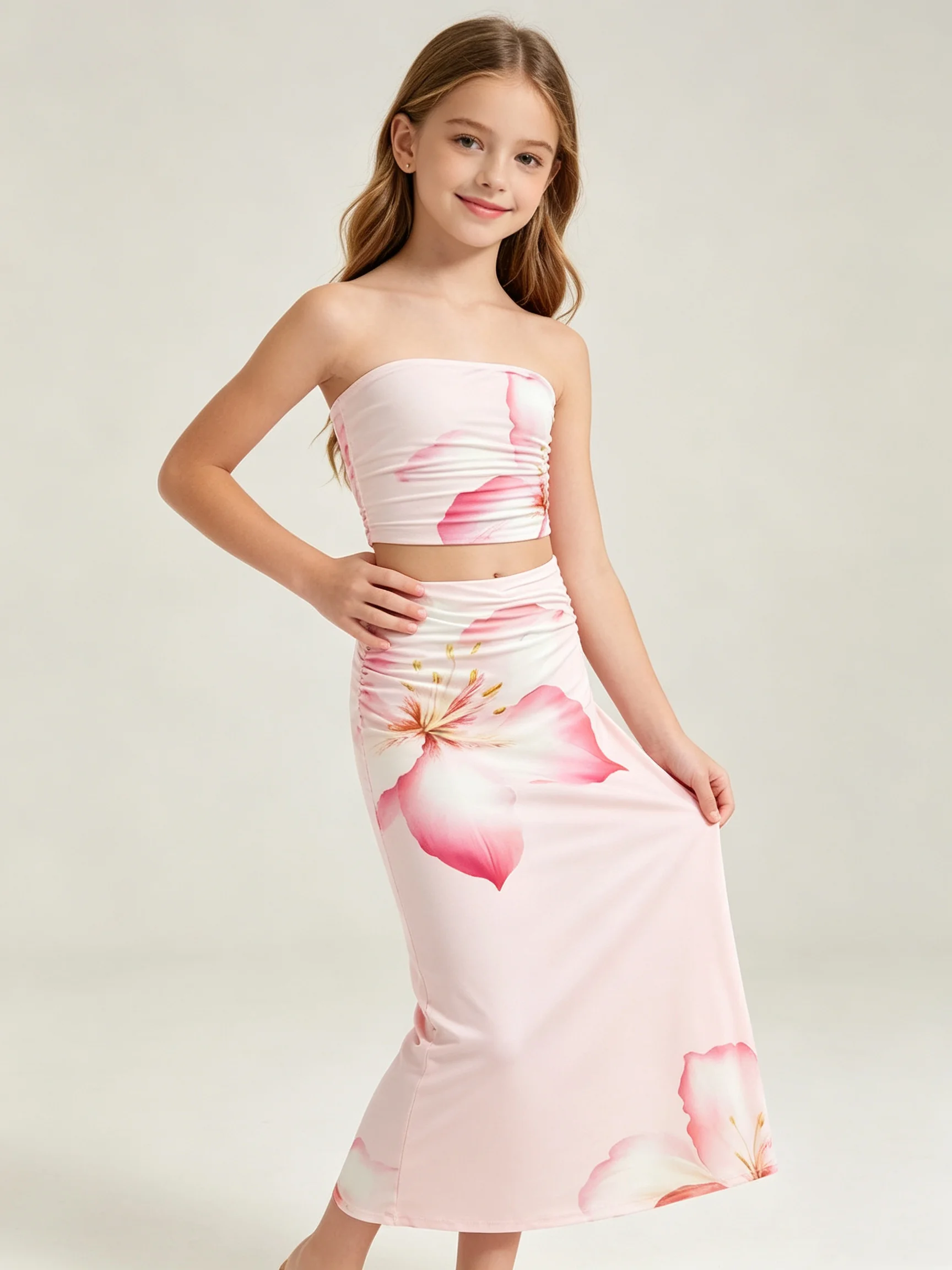 Girls' Gradient Hibiscus Print 2-Piece Set Crop Top & Pleated Skirt Cute Tropical Style Breathable Fabric for Beach