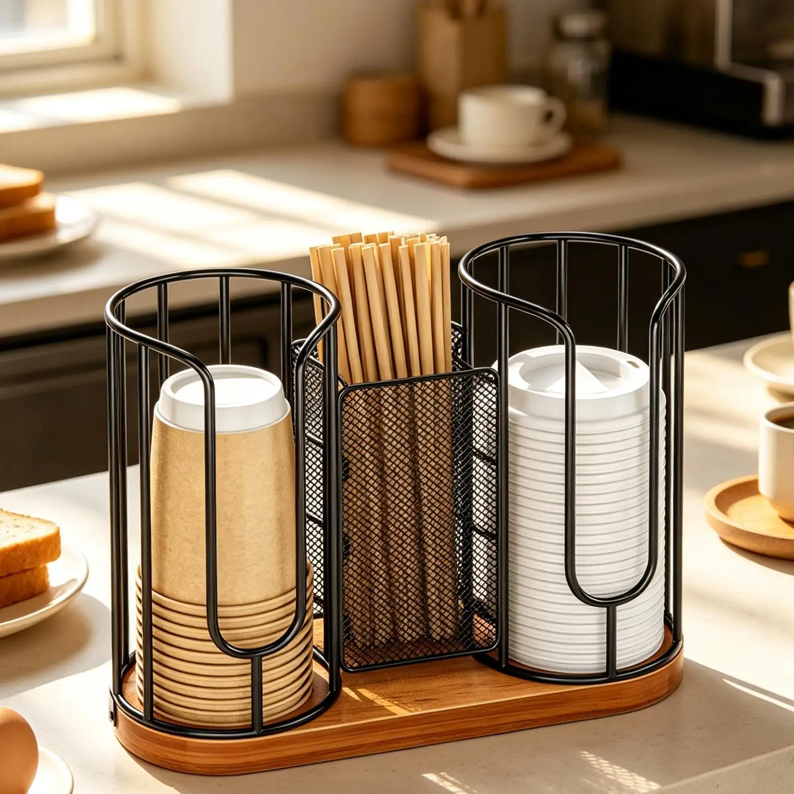 3 Compartments Coffee Cup and Lids Holder Stable Condiment Station Coffee Bar Cup Organizer for Home Kitchen Cabinet Restaurant