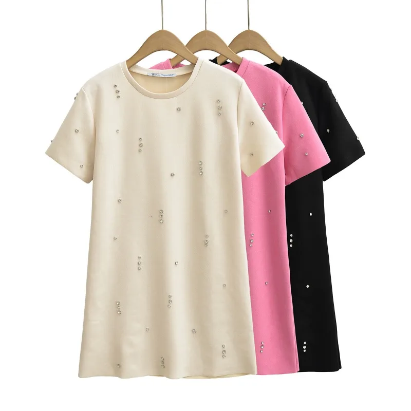 

2025 Spring New Arrival Light Luxury Sweet Round Neck Short Sleeve Jewelry Embellished Suede Texture Effect Dress