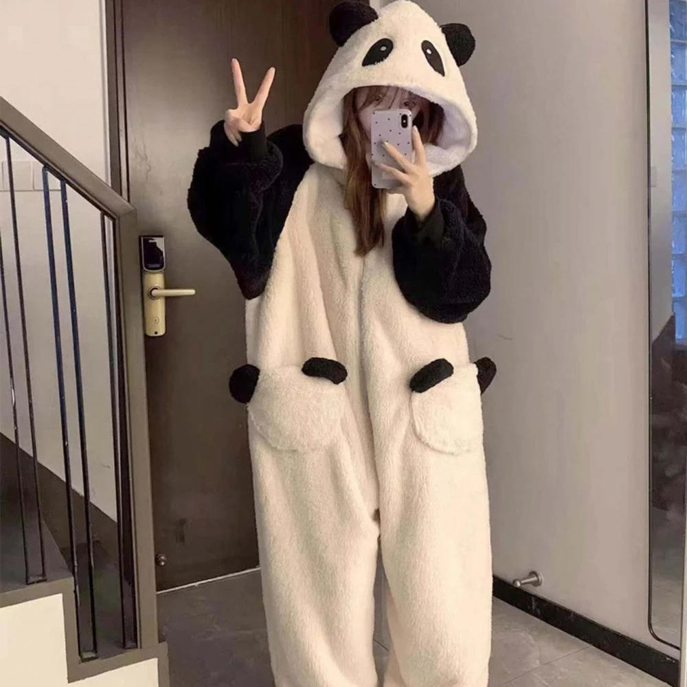 Adult Onesie Pajamas Unisex Animal One-Piece Cartoon Costume Black and White Panda Thick Flannel Warm Cosplay Homewear Sleepwear