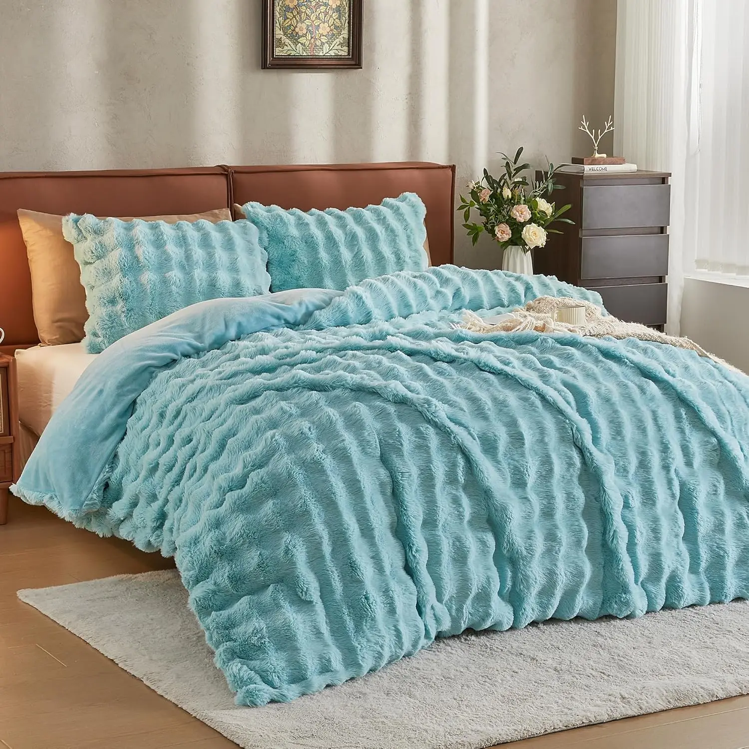 

Ultra Soft Faux Fur Duvet Cover Set Queen Baby Blue 3-Piece Luxury Fluffy Bedding