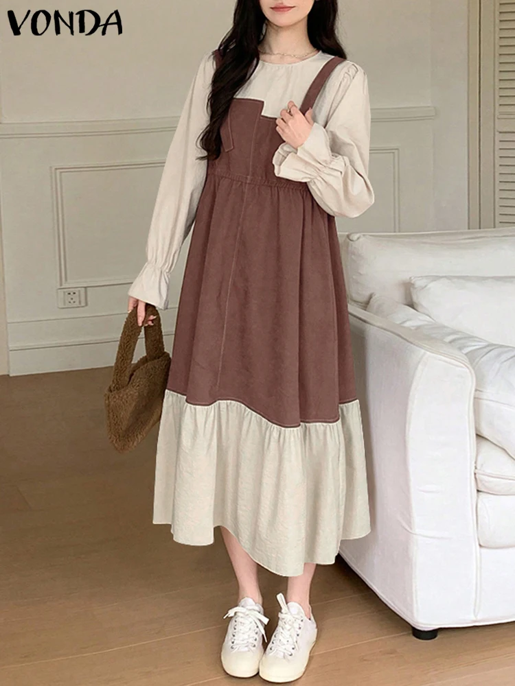 

VONDA Patchwork Long Dress 2025 Women Elegant Ruffled Sundress Bohemian Spliced Strap Long Sleeve Robe Casual Vestidos Oversized