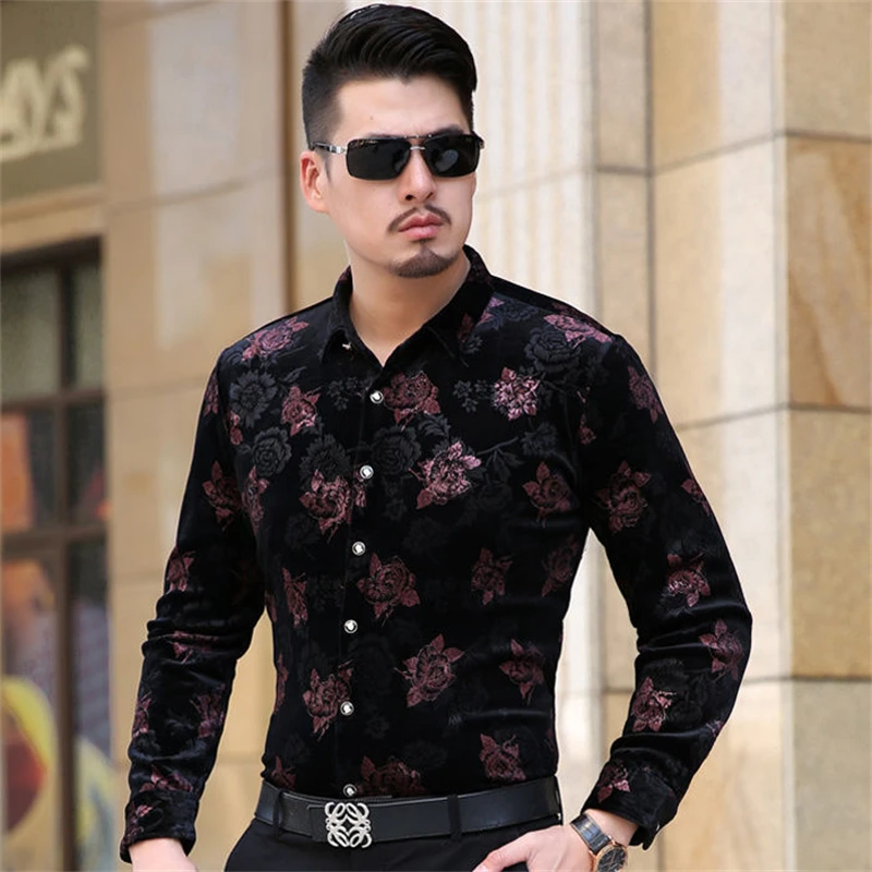 

Premium Cashmere Blend Shirts For Men Long Sleeve Fashion Casual Autumn Quality Velvet Soft Comfortable Floral Camisas De Hombre