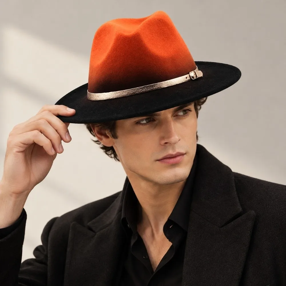 Fashion Wide Brim British Fedora Hat Gradient Color Gentleman Winter Woolen Hat Hip Hop Jazz Hat Woolen Cowboy Hat Women
